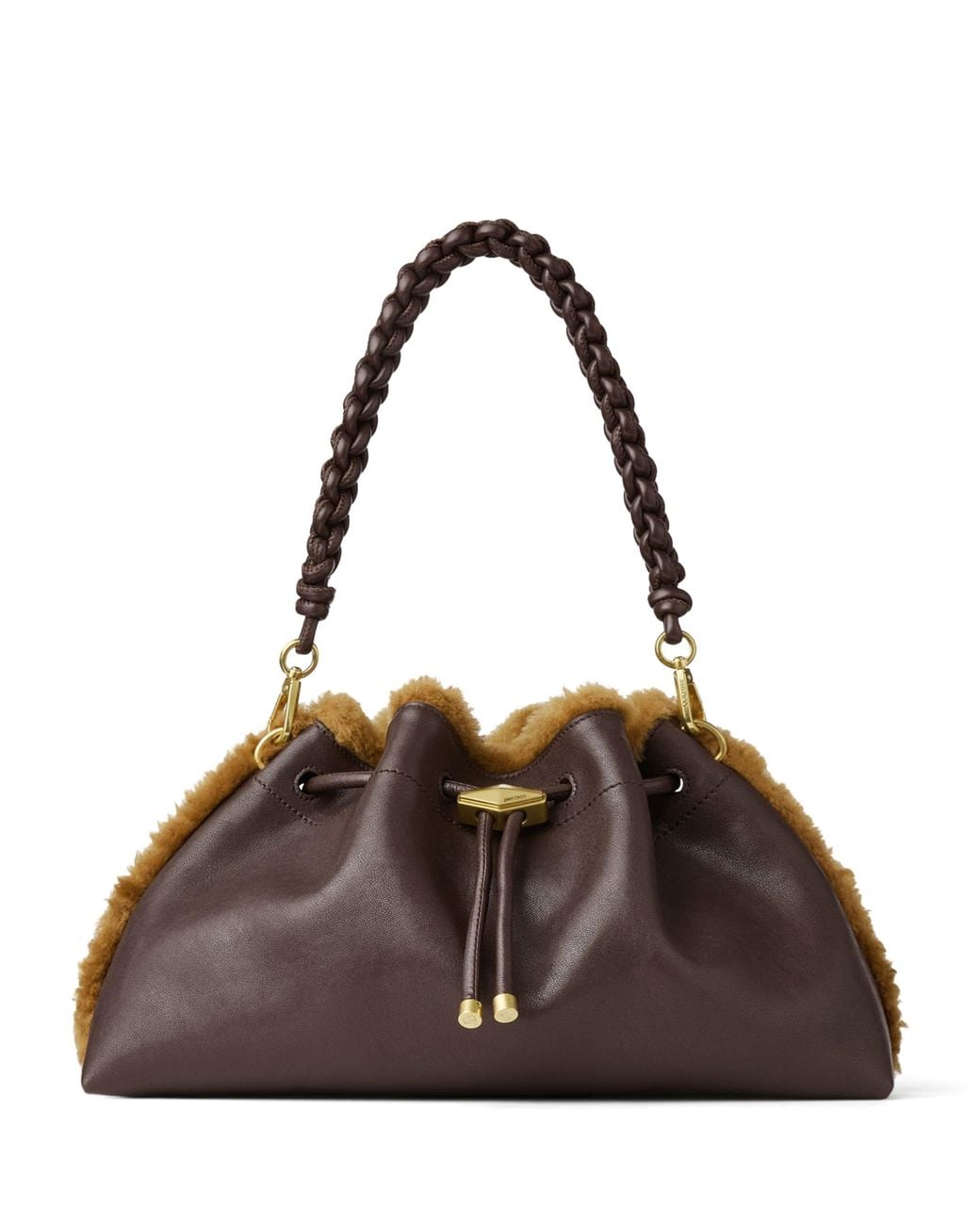 Jimmy Choo Brown Leather Shearling-Trim Bon Bon Shoulder Bag