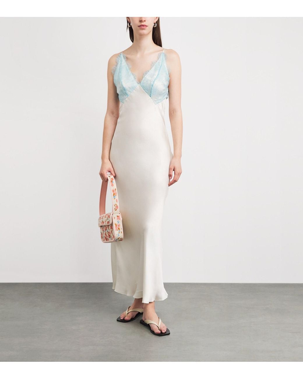 Sandro White Satin Lace-Trim Maxi Dress