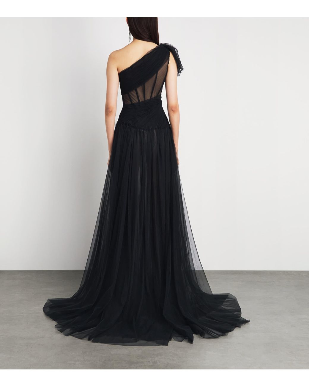 Sandra Mansour Black Tulle One-Shoulder Gown