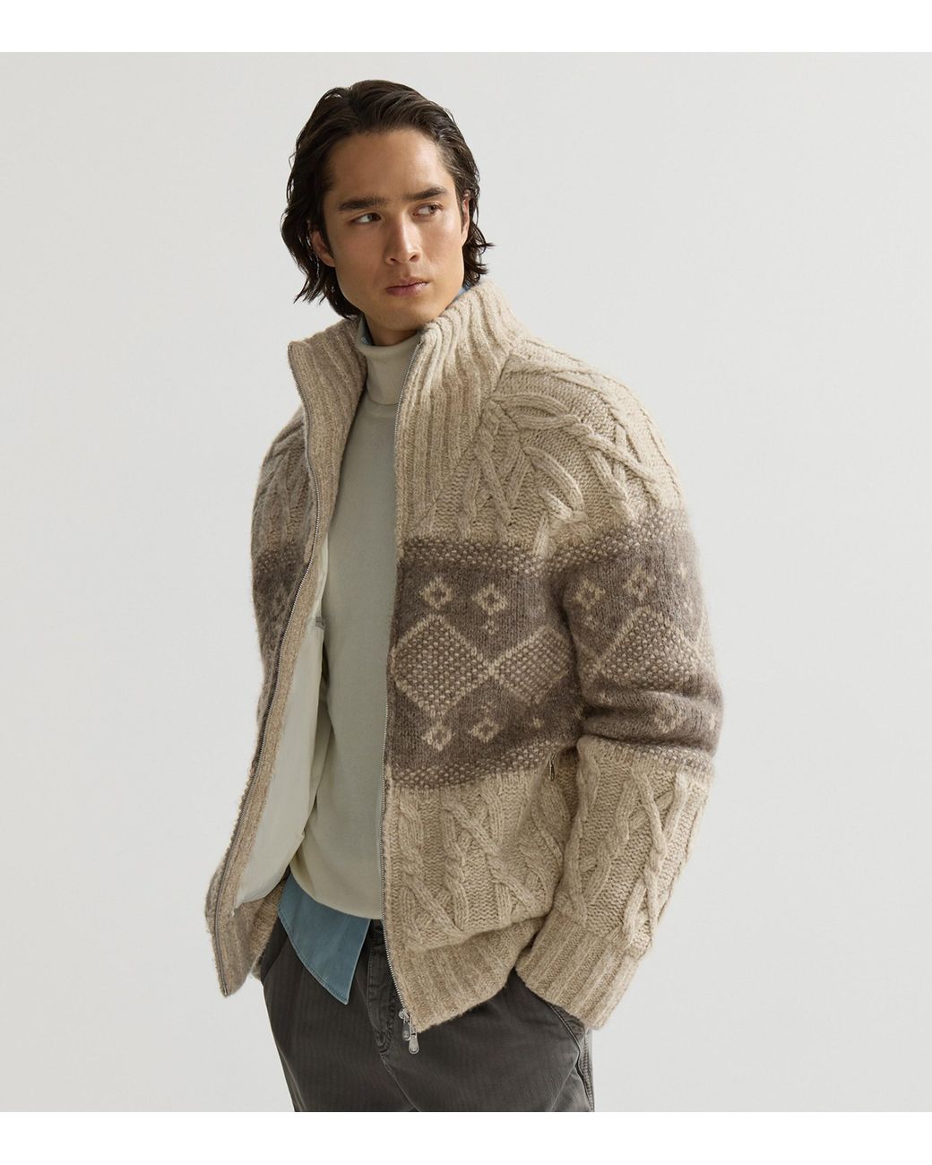 Brunello Cucinelli Natural Virgin Wool-Silk-Cashmere Cable-Knit Down Jacket for men