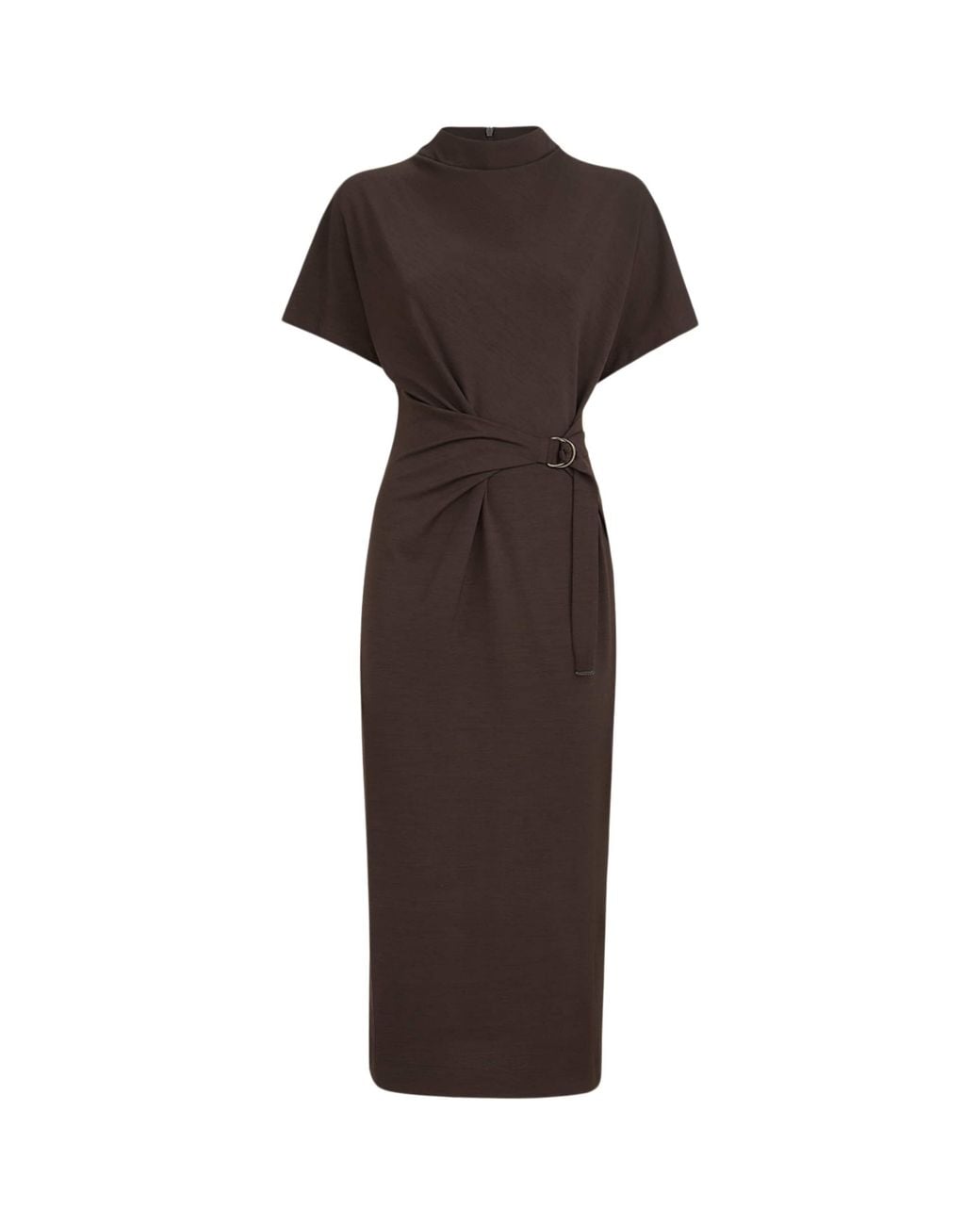 Brunello Cucinelli Brown Wool-Blend Belted Midi Dress