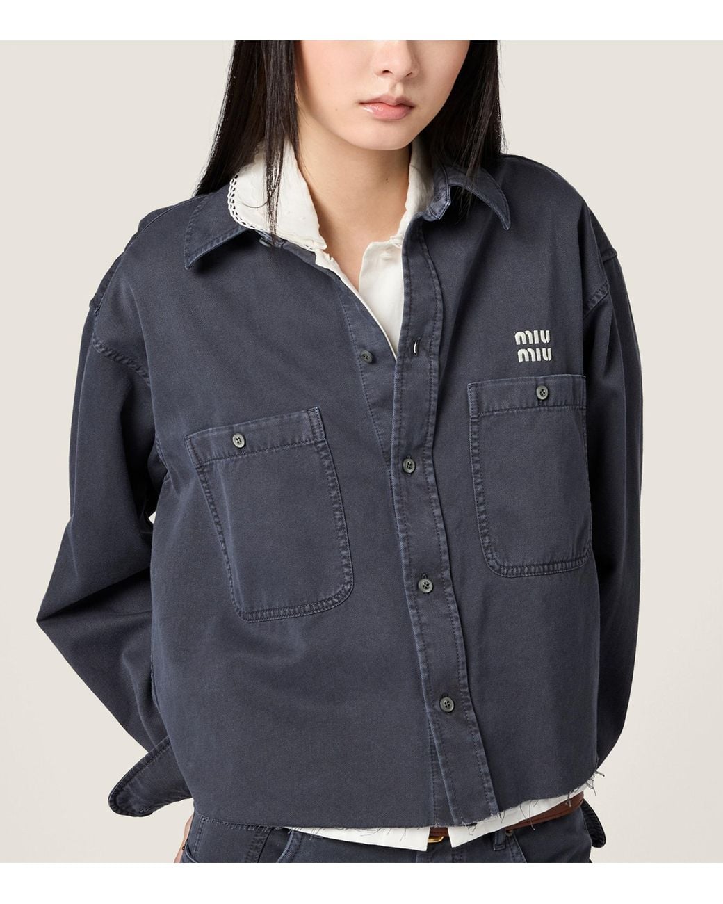 Miu Miu Blue Denim Distressed Logo Shirt