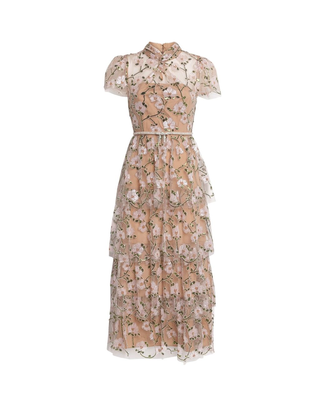 Self-Portrait Natural Sequin-Embellished Tiered Midi Dress