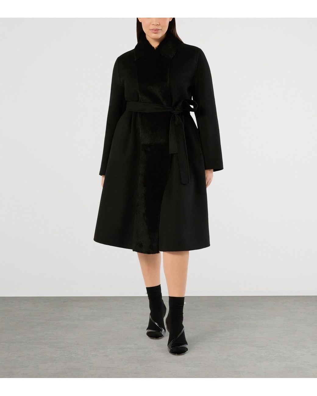 Marina Rinaldi Black Wool Lamb-Fur Wrap Coat