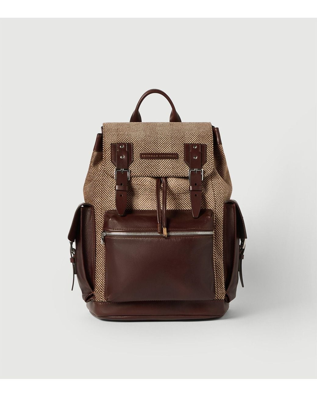 Brunello Cucinelli Brown Leather-Trim Backpack for men