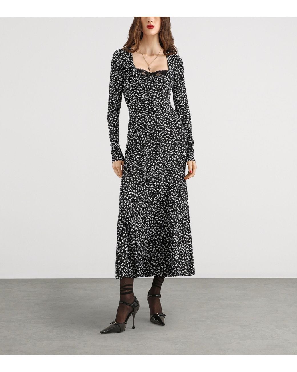 Dolce & Gabbana Black Stretch-Silk Charmeuse Floral Midi Dress