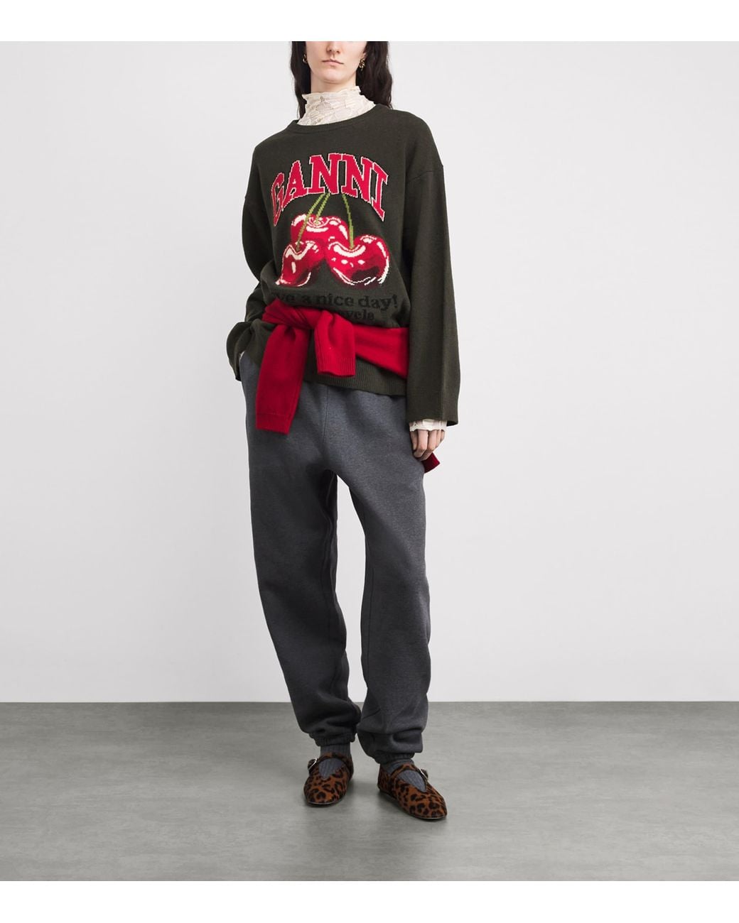 Ganni Black Wool-Blend Oversized Cherry Sweater