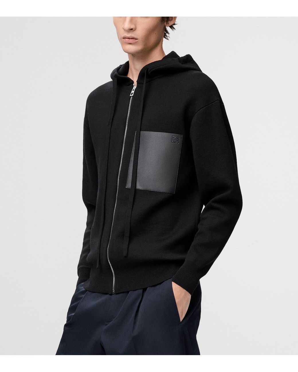 Loewe Black Wool-Blend Leather-Pocket Hoodie for men