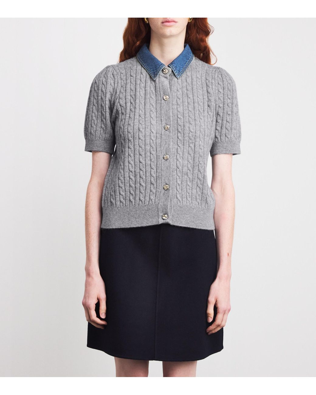 Sandro Gray Wool-Cashmere Denim-Collar Cardigan