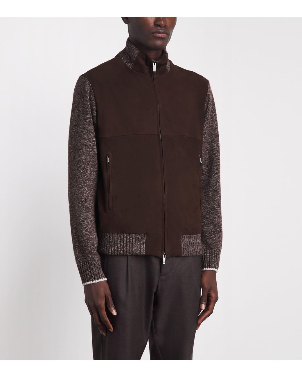 Paul & Shark Brown Suede Knitted-Sleeve Jacket for men