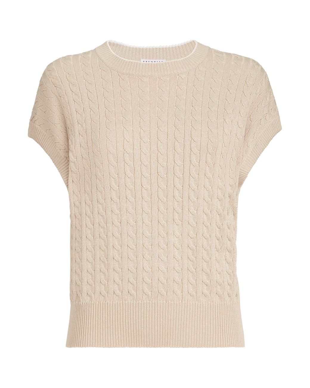 Brunello Cucinelli White Cable-Knit Sparkling Short-Sleeve Sweater