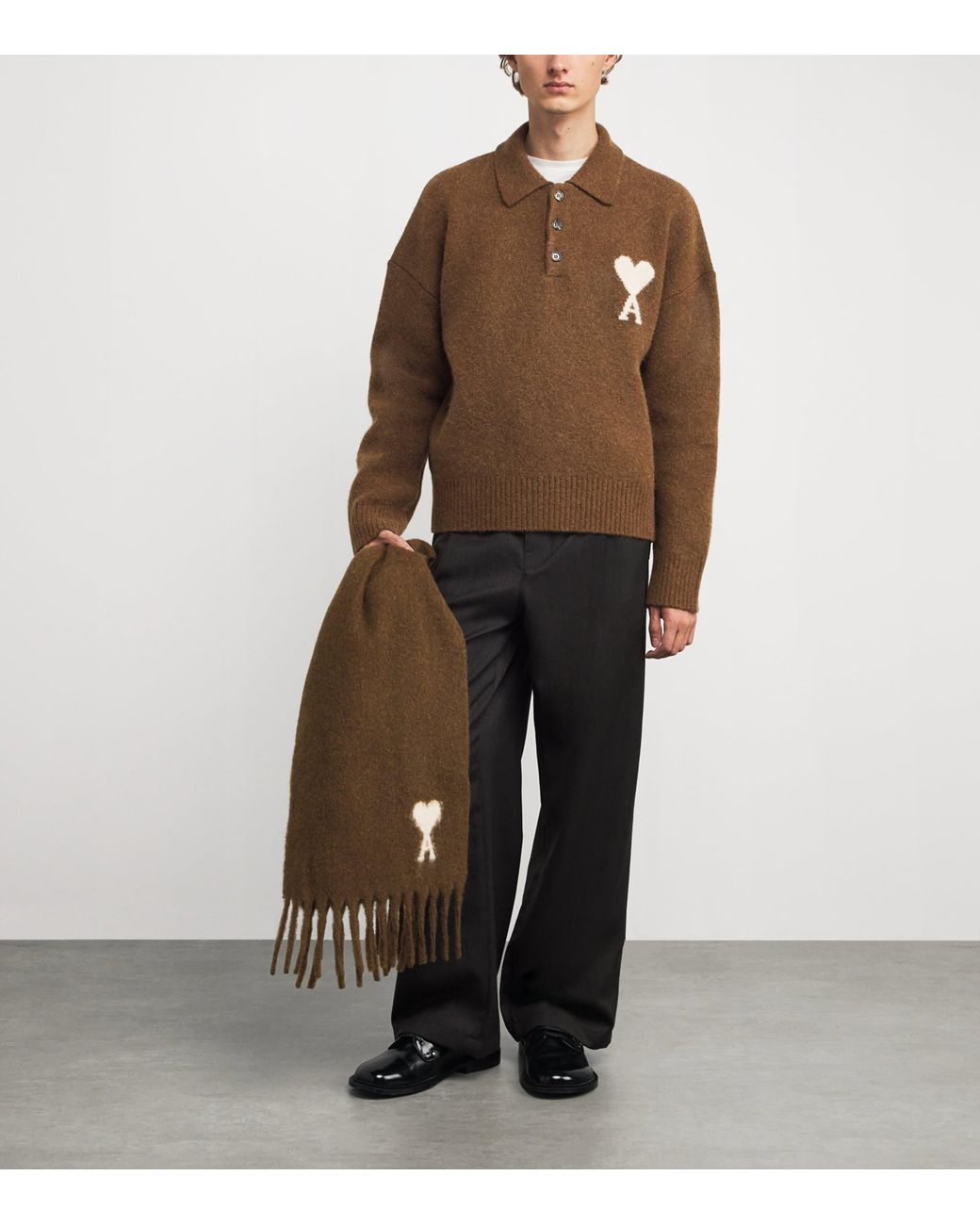 AMI Brown Alpaca-Blend Polo Sweater for men