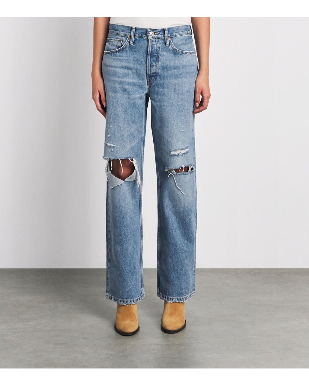 Re/done Blue Distressed Mid-Rise Straight Jeans