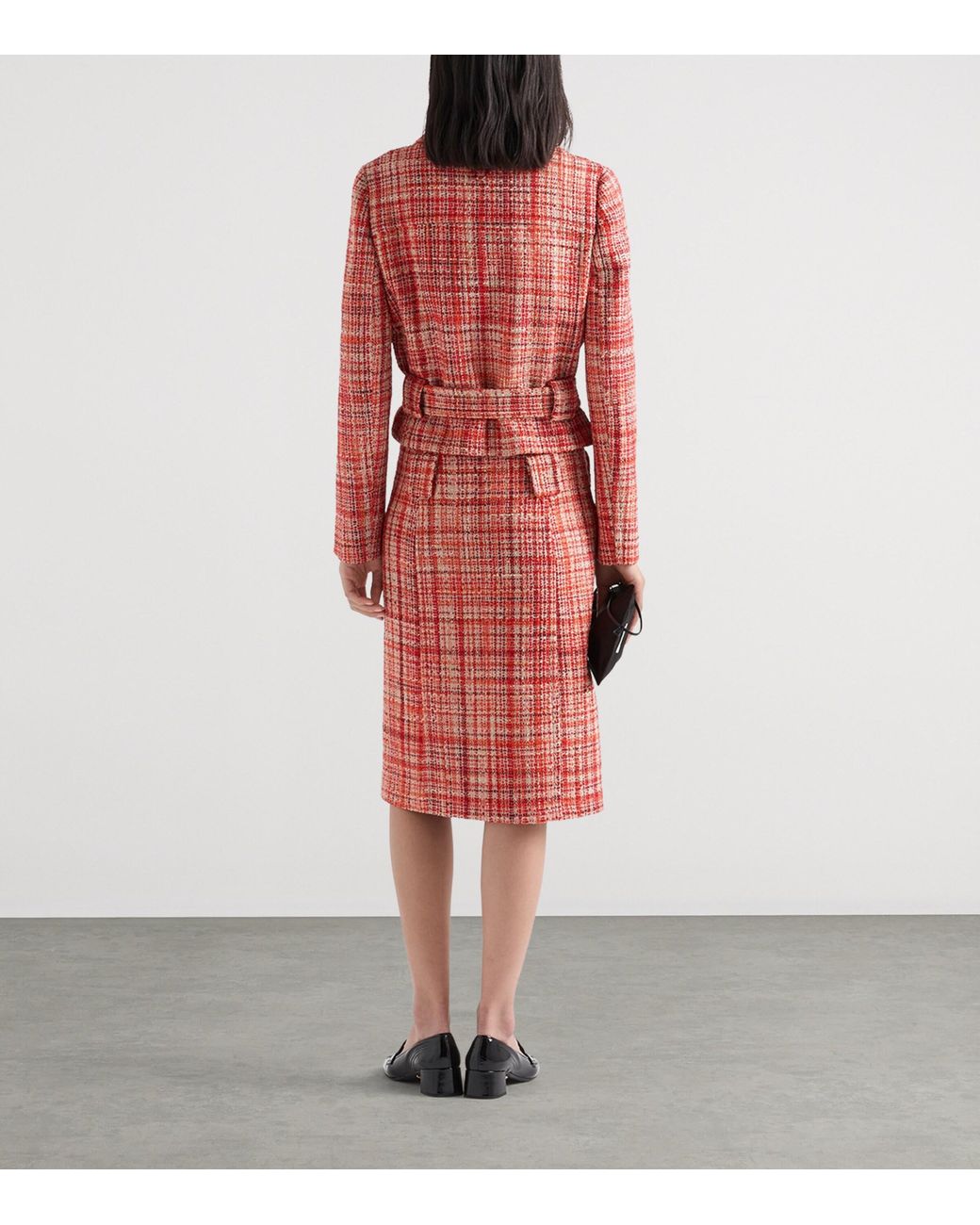 Prada Red Tweed Belted Midi Skirt
