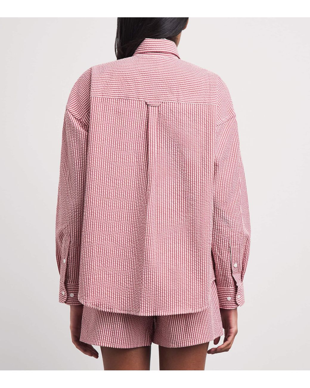 With Nothing Underneath Pink Seersucker Striped The Weekend Shirt