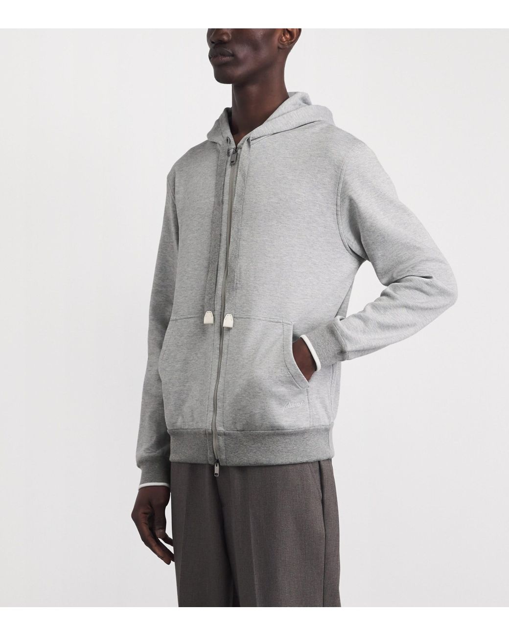 Brioni Gray Stretch-Cotton Zip-Up Hoodie for men
