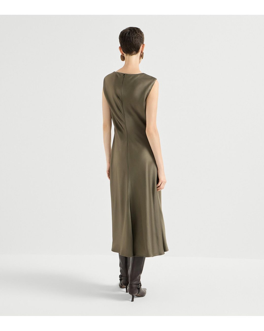 Brunello Cucinelli Green Satin Cady Flared Midi Dress