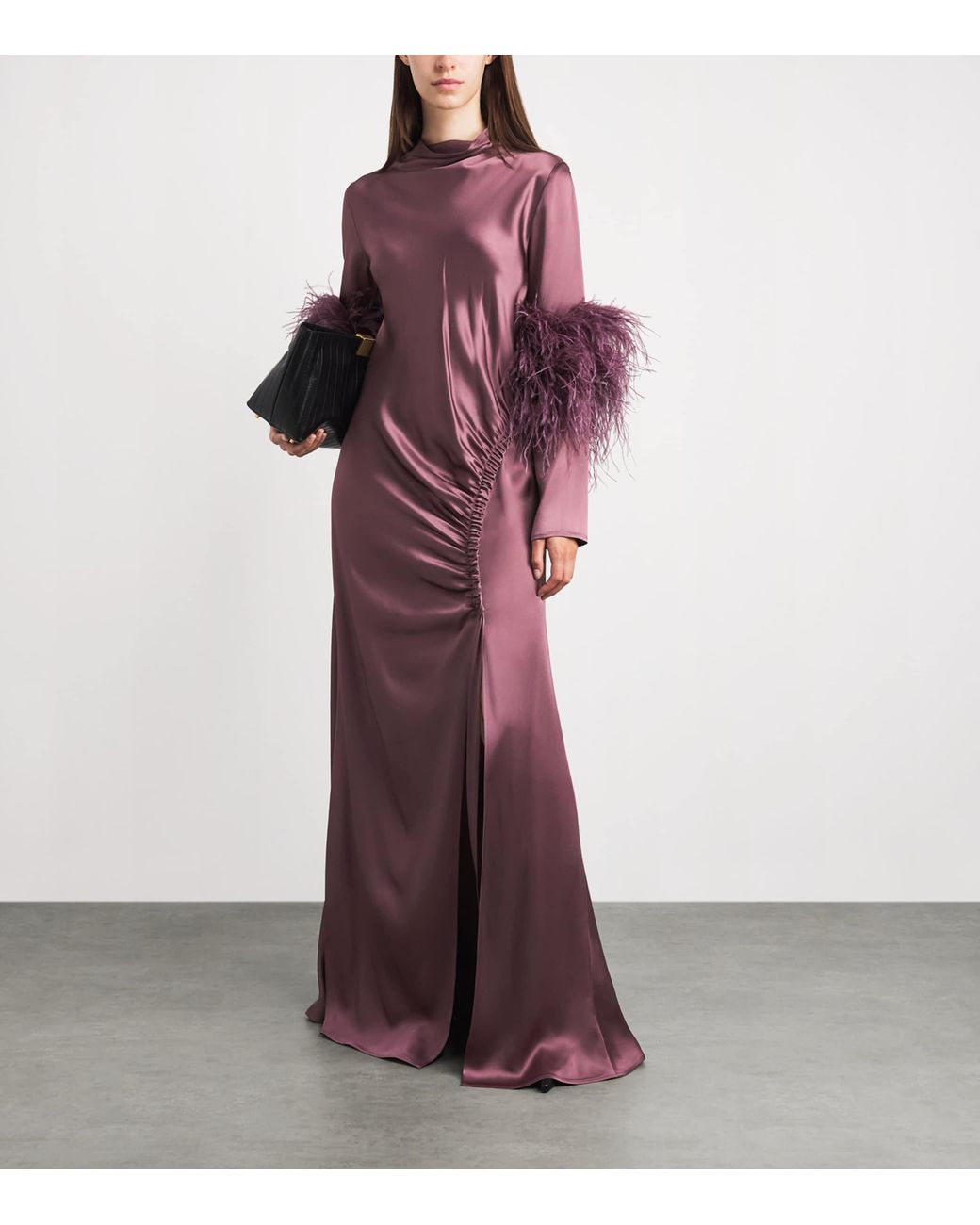 LAPOINTE Purple Satin Feather-Trimmed Gown