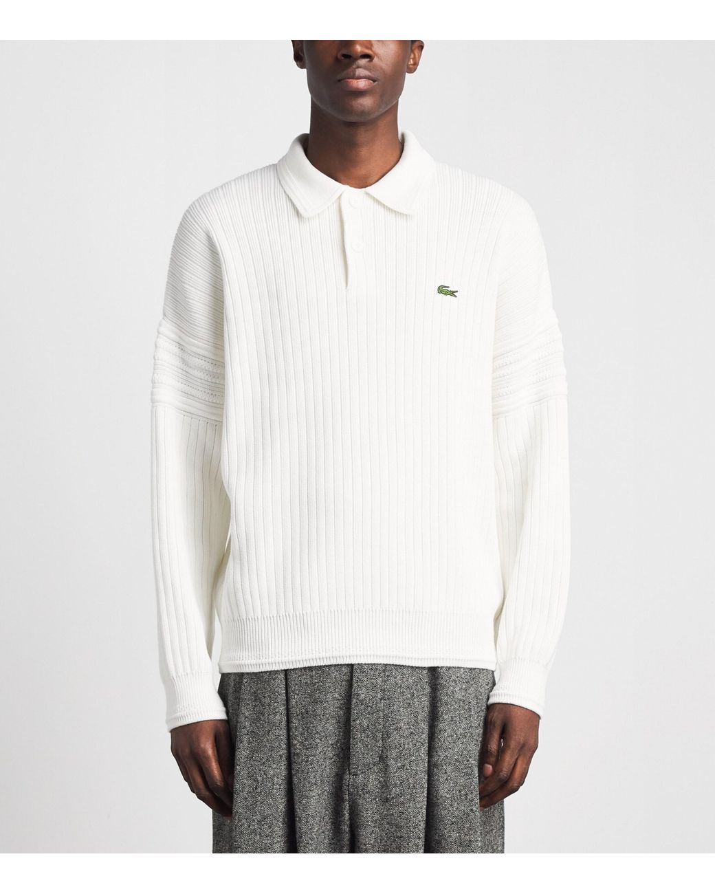 Lacoste White Cotton Ribbed Polo Sweater for men