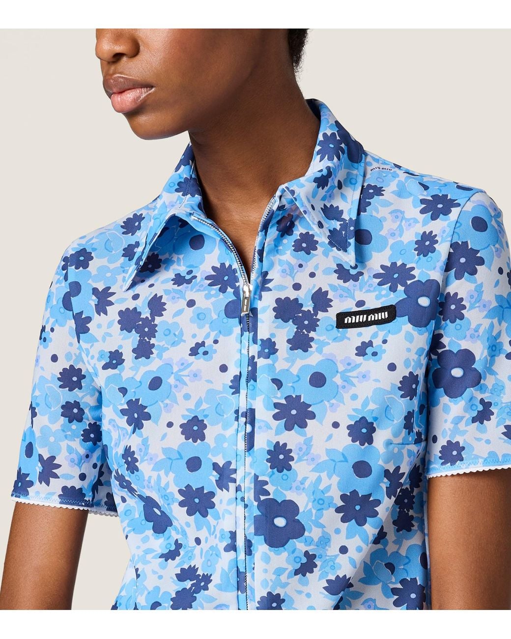 Miu Miu Blue Zip-Up Floral Print Shirt