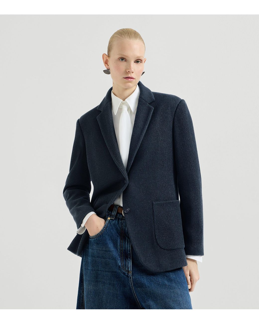 Brunello Cucinelli Blue Corduroy Single-Breasted Blazer