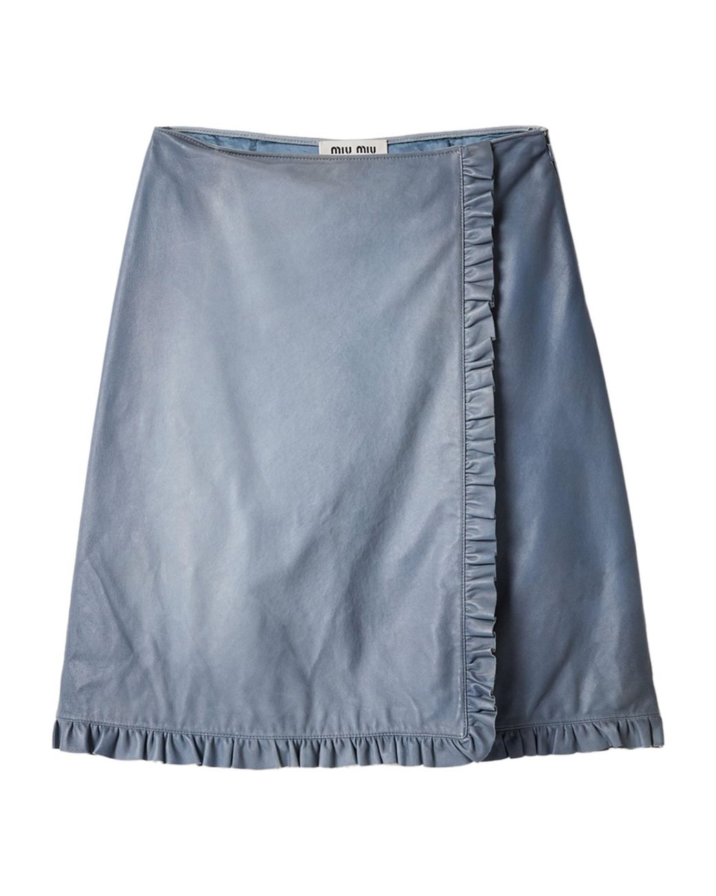 Miu Miu Blue Nappa Leather Ruffle Midi Skirt