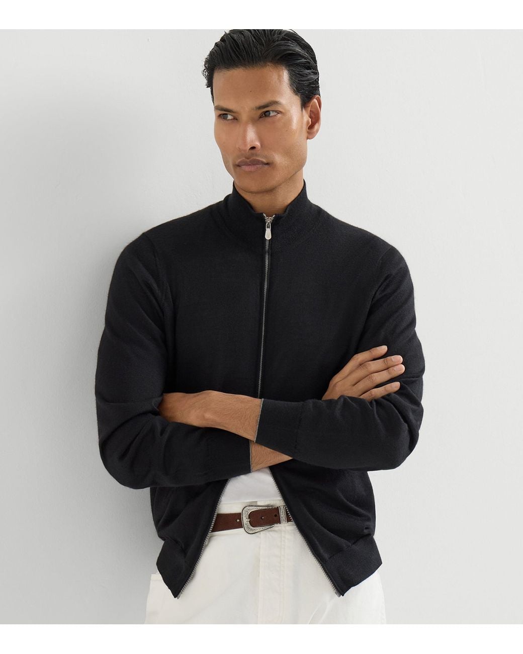Brunello Cucinelli Black Cashmere-Silk Zip-Up Cardigan for men