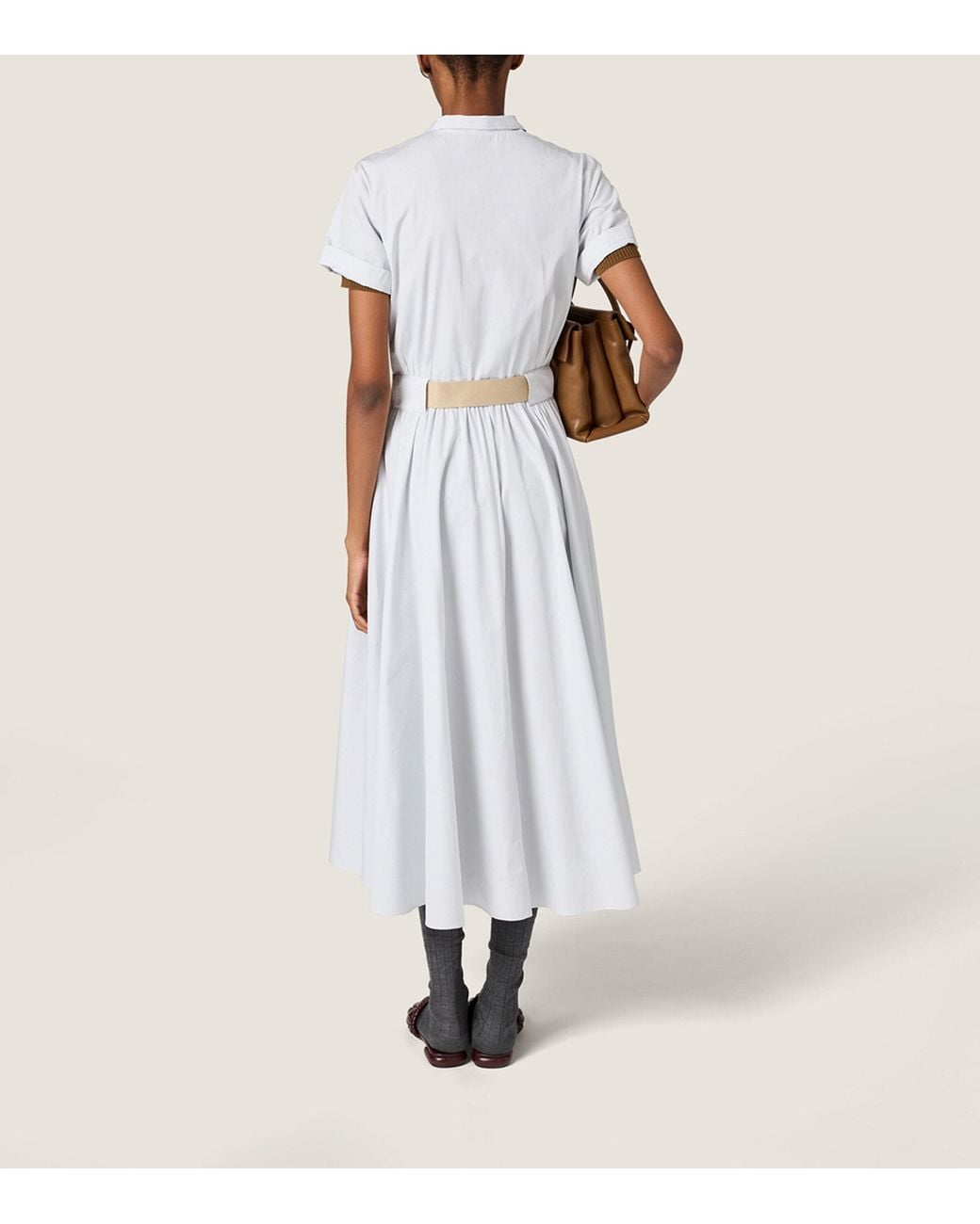 Miu Miu White Cotton Pinstripe Belted Midi Dress