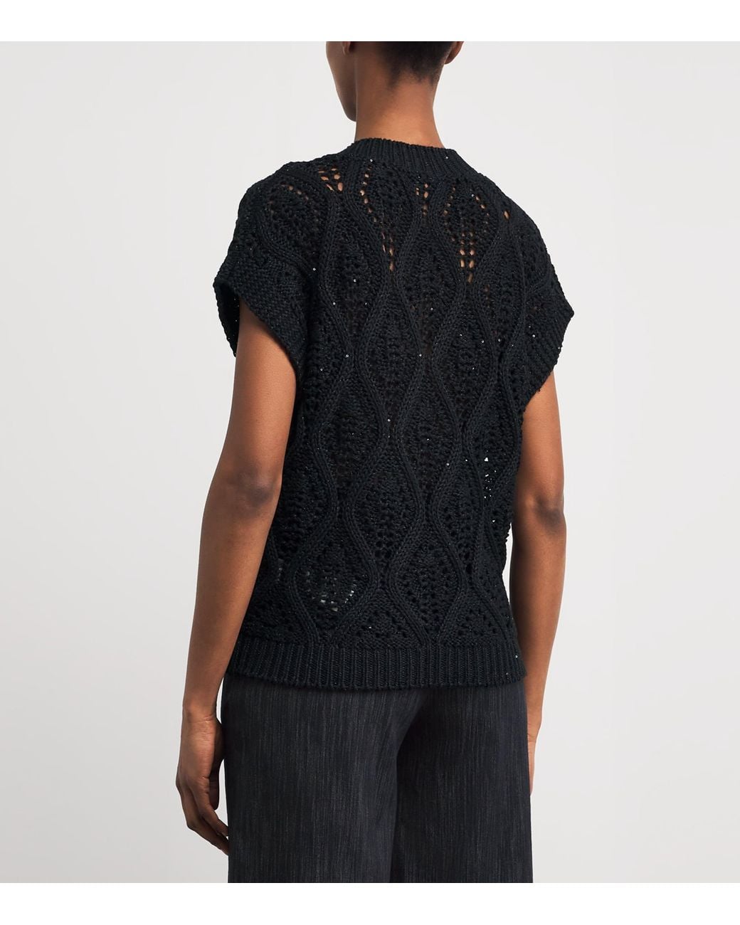 Eleventy Black Cotton-Linen Sequin Short-Sleeve Sweater