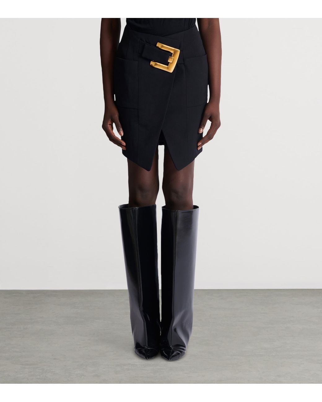 Balmain Black Virgin Wool Belted Mini Skirt
