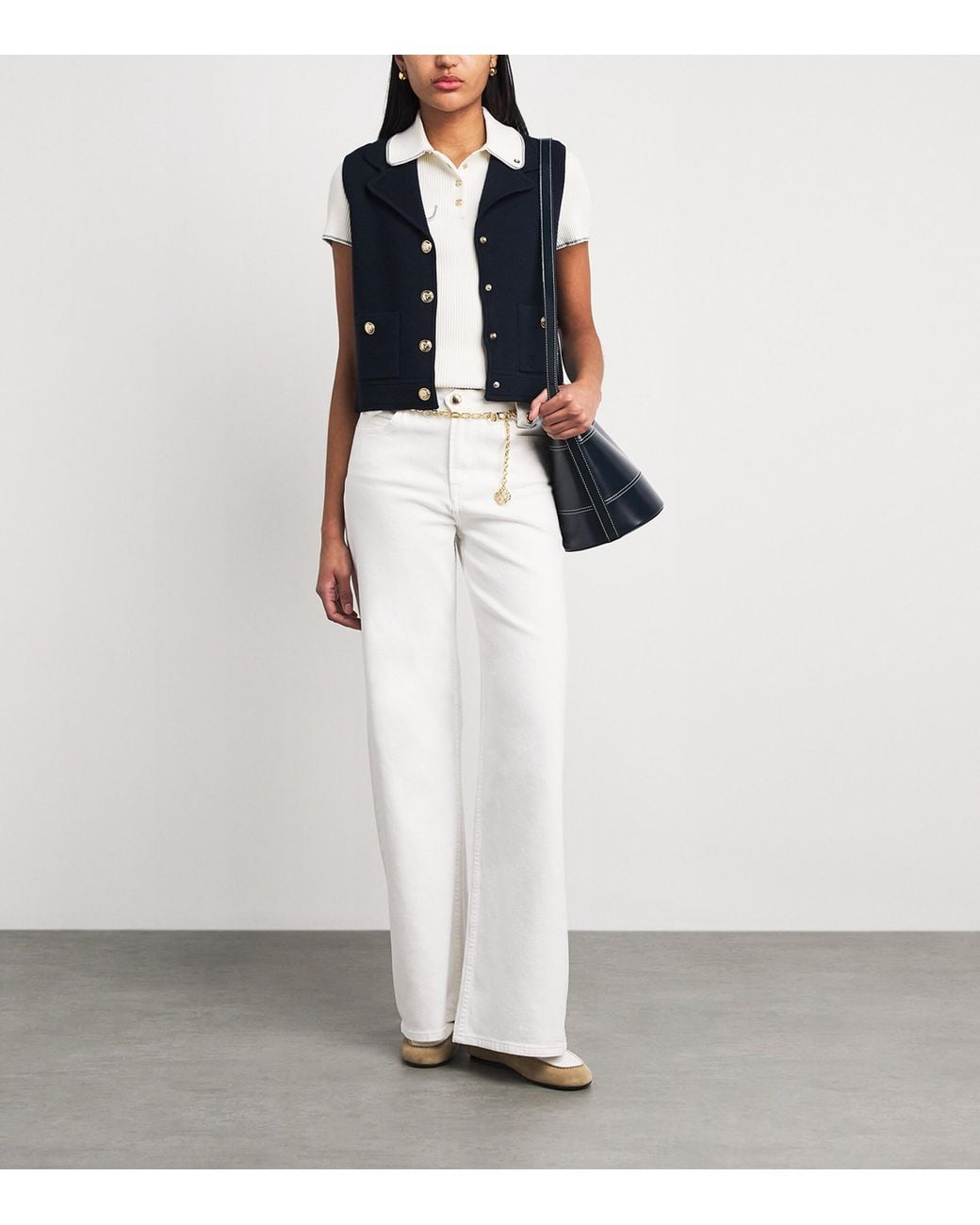 Maje White Rib-Knit Polo Shirt