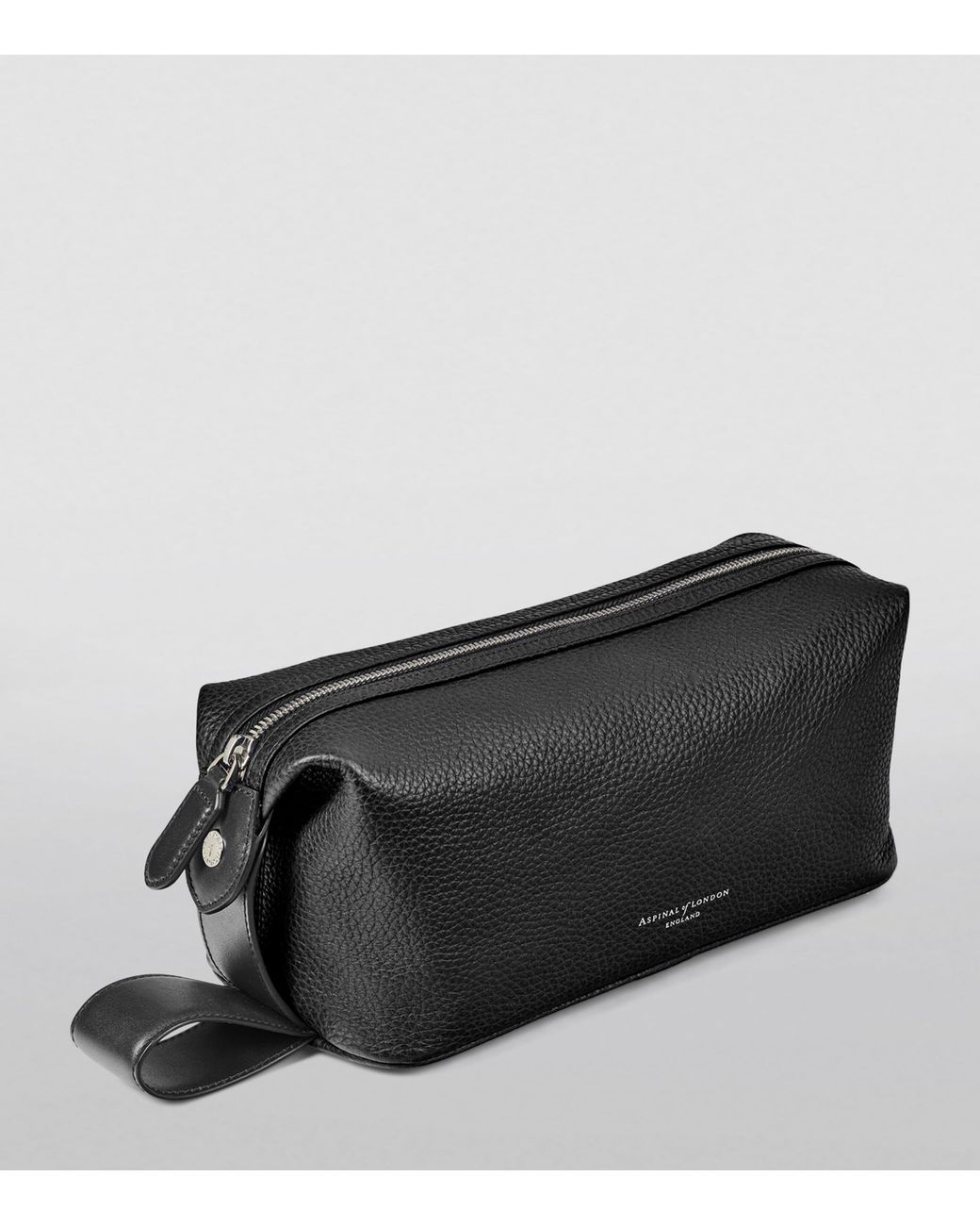 Aspinal Black Leather Reporter Wash Bag for men