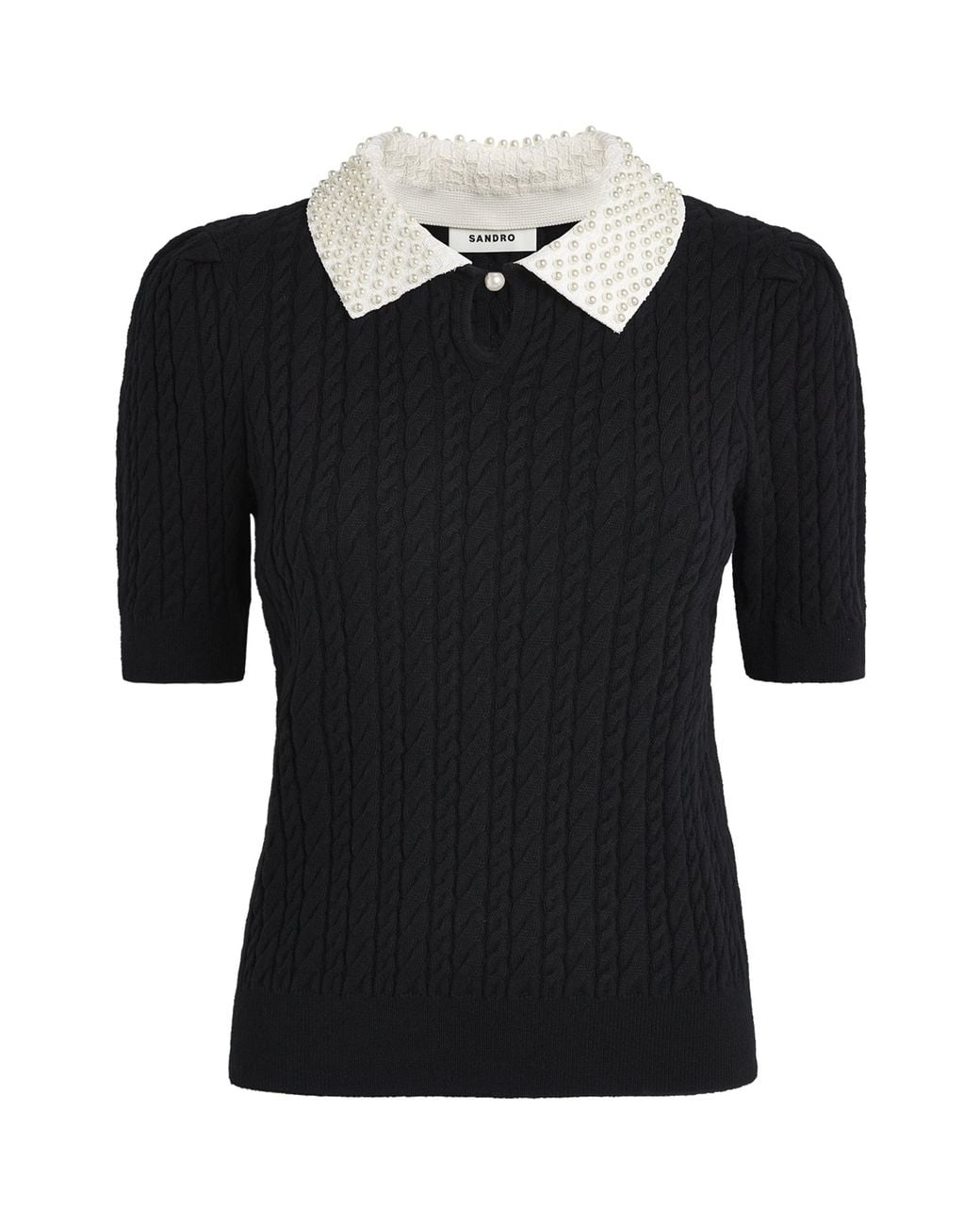 Sandro Black Cotton-Wool-Blend Cable-Knit Pearl-Collar Sweater