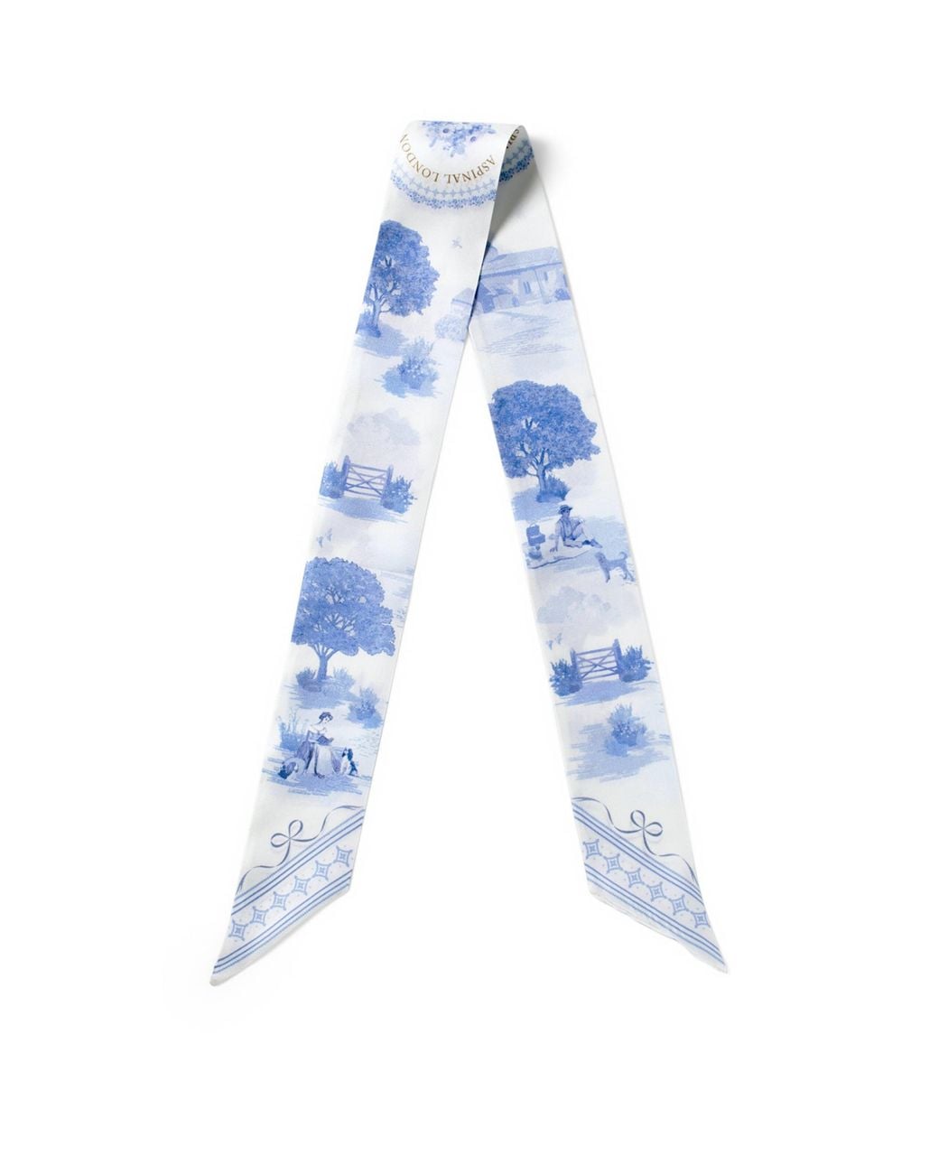 Aspinal Blue Silk Landscape Skinny Scarf