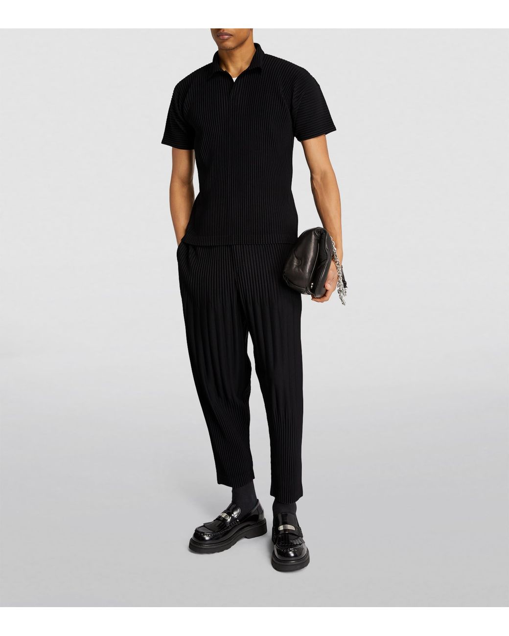 Homme Plissé Issey Miyake Black Pleated Polo Shirt for men