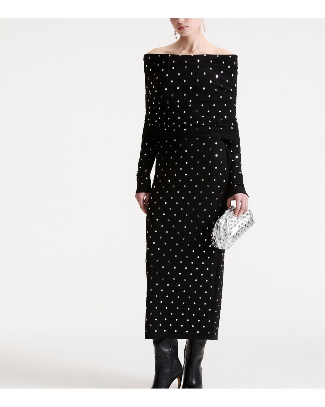 Marella Black Studded Off The Shoulder Midi Dress
