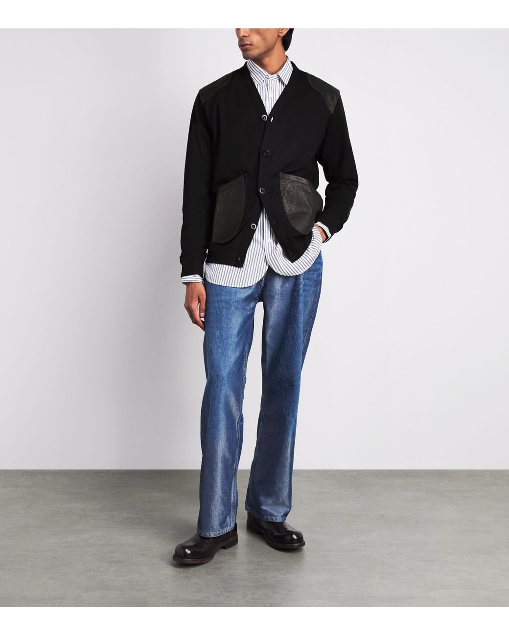 Junya Watanabe Black Wool Leather-Patch Cardigan for men