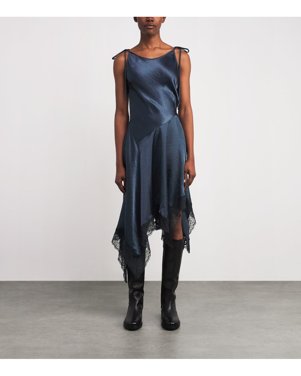 Acne Studios Satin Lace-Trim Midi Dress in Blue | Lyst