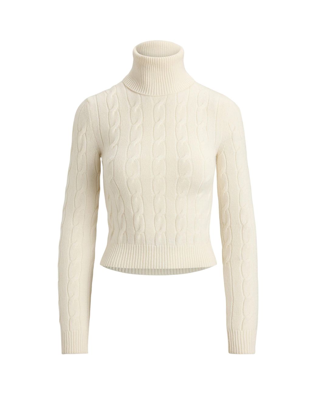 Ralph Lauren White Cashmere Cable-Knit Rollneck Sweater