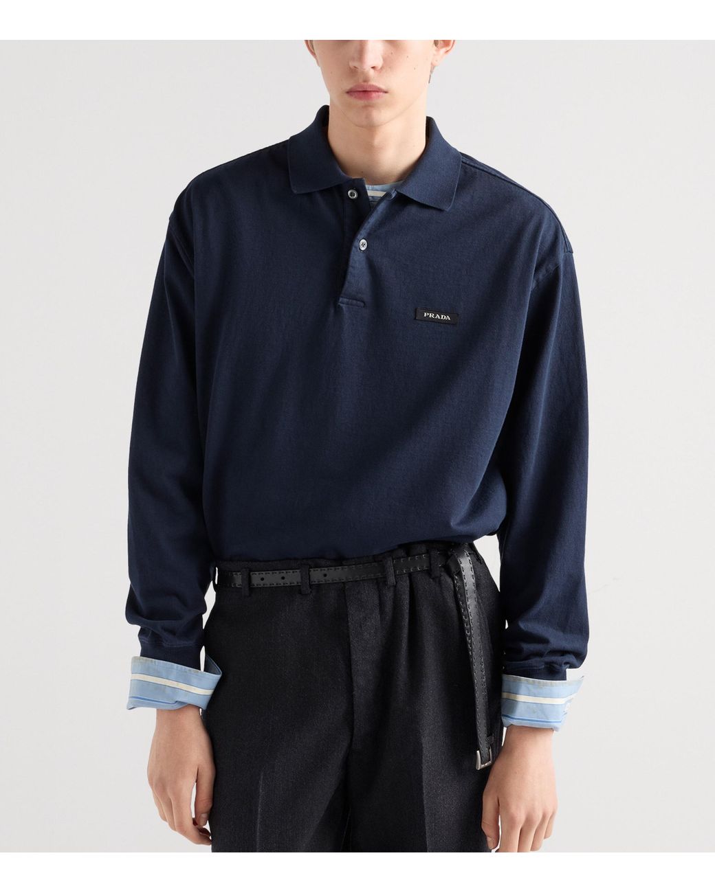 Prada Blue Cotton Long-Sleeve Polo Shirt for men