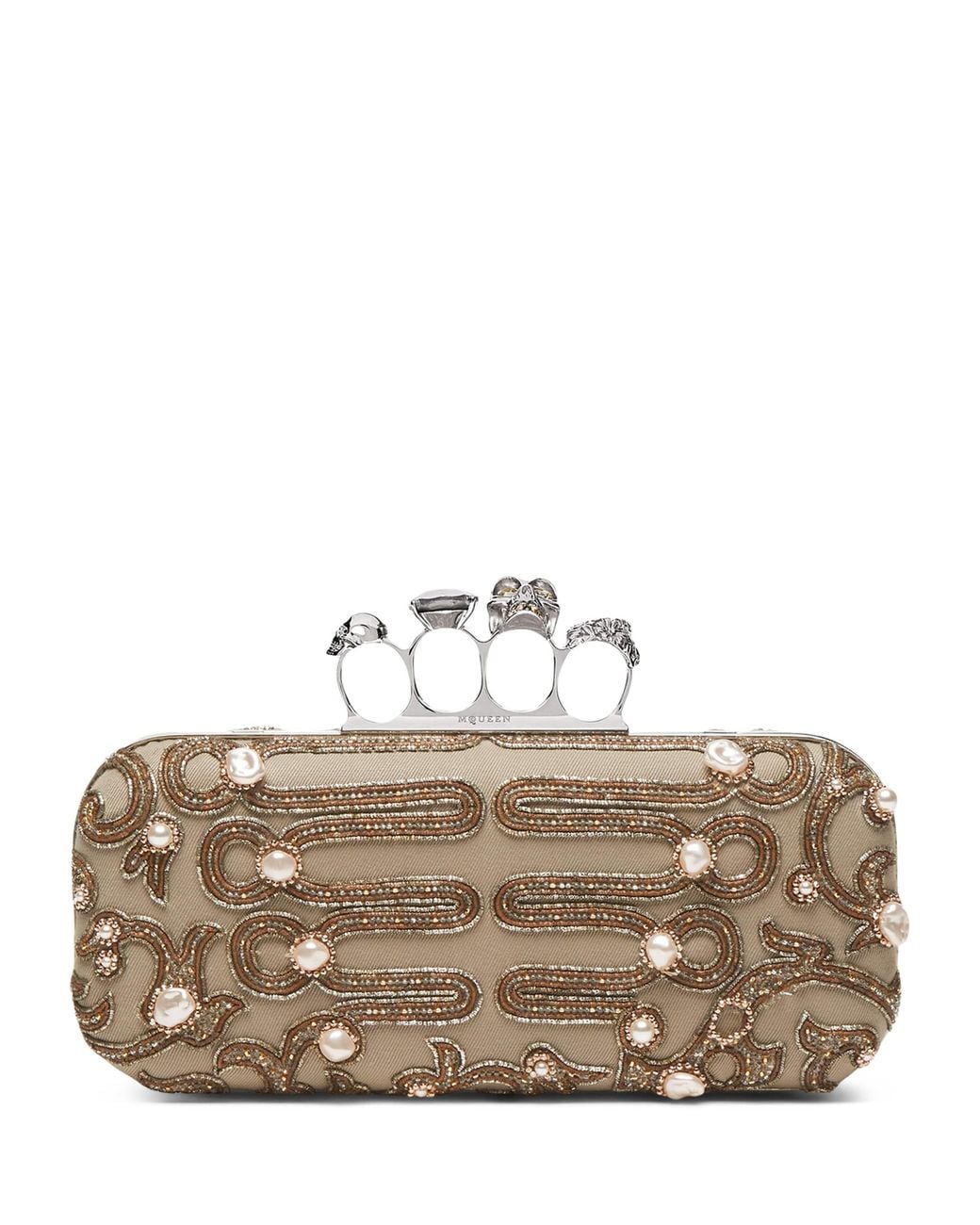 McQueen Metallic Long Bead-Embellished Knuckle Clutch Bag