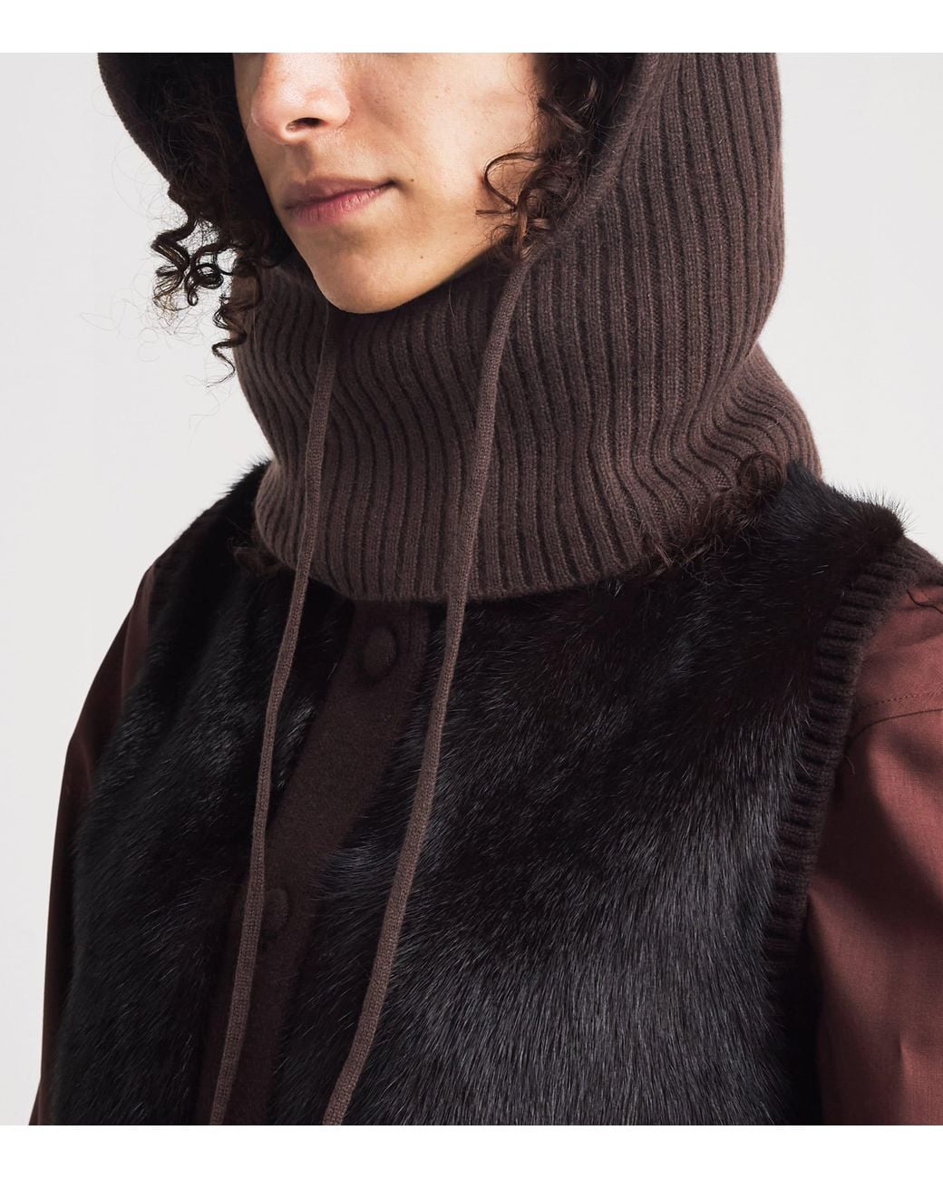 Yves Salomon Brown Cashmere Ribbed Balaclava