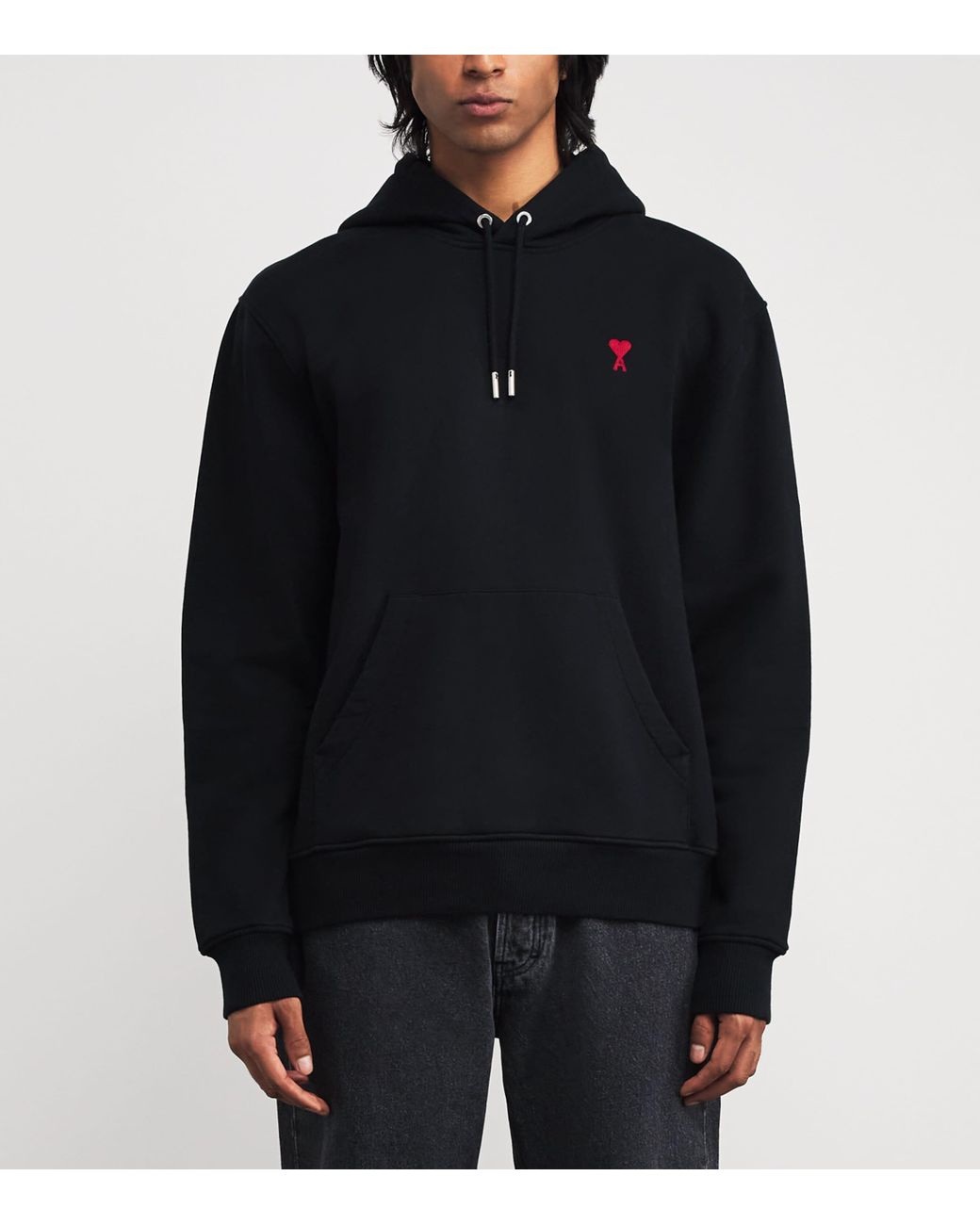 AMI Black Cotton Embroidered Ami De Coeur Logo Hoodie for men