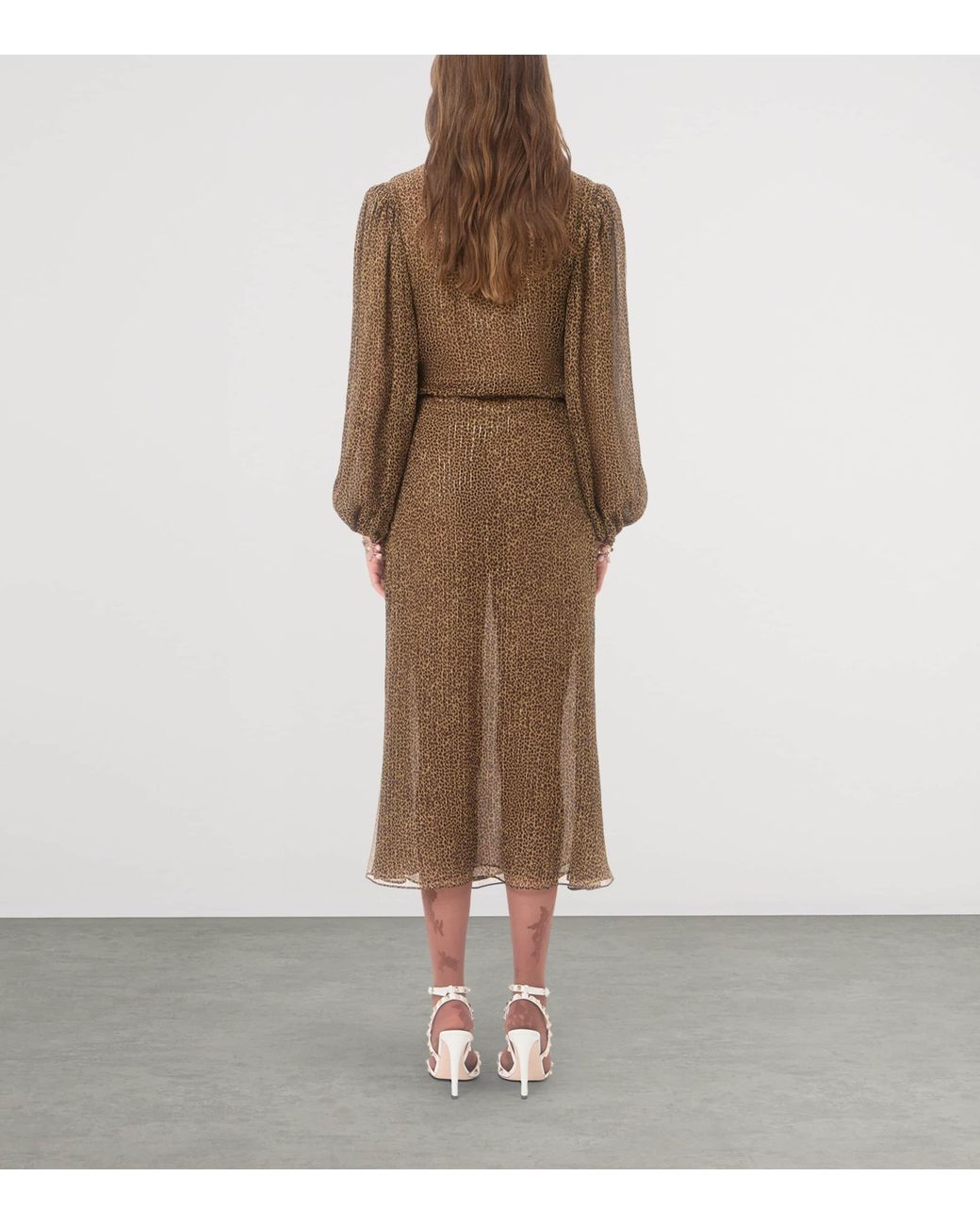 Valentino Brown Silk-Blend Embellished-Cuff Midi Dress