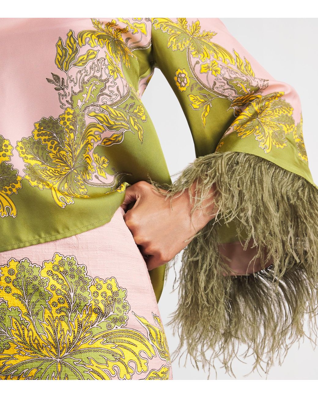 LaDoubleJ Green Ostrich Feather-Trim Scala Top