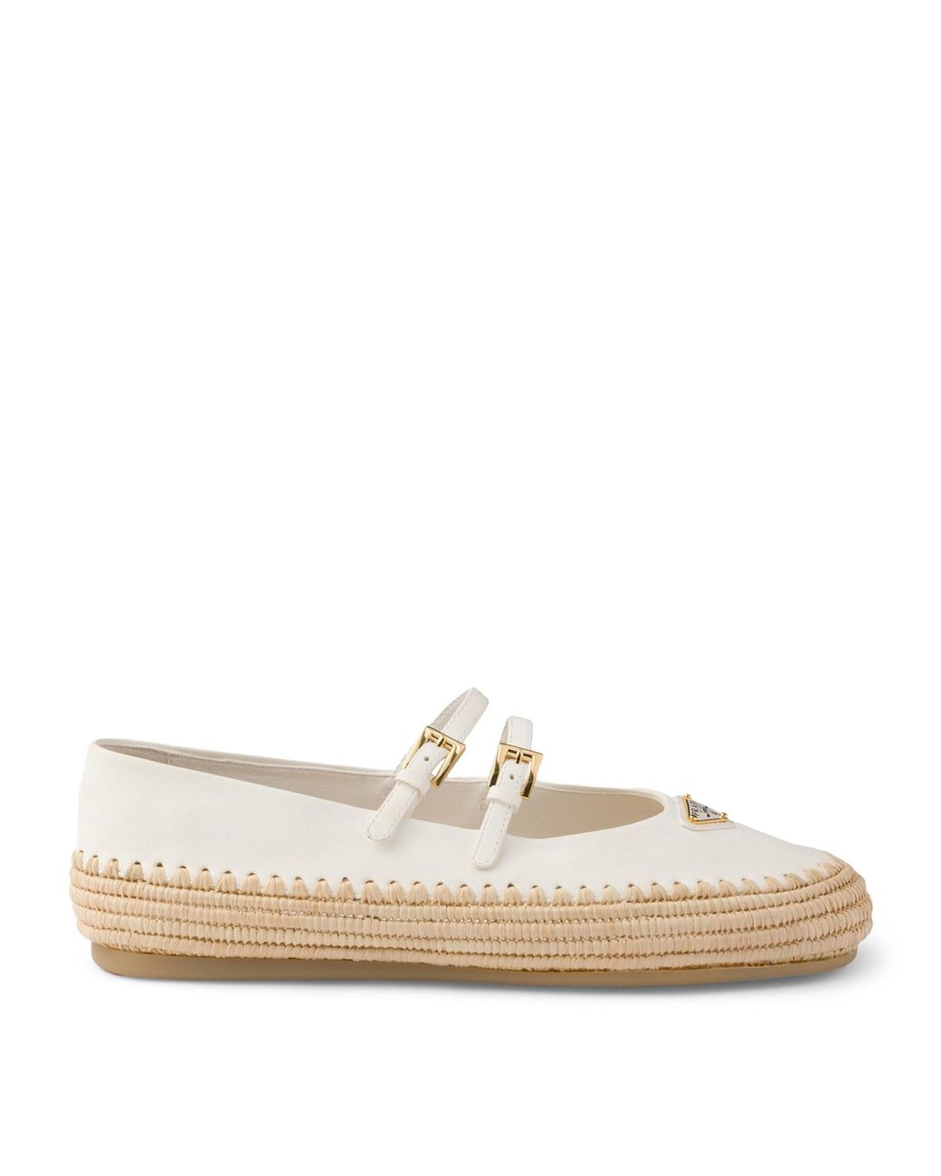 Prada Natural Leather And Raffia Ballet Flats