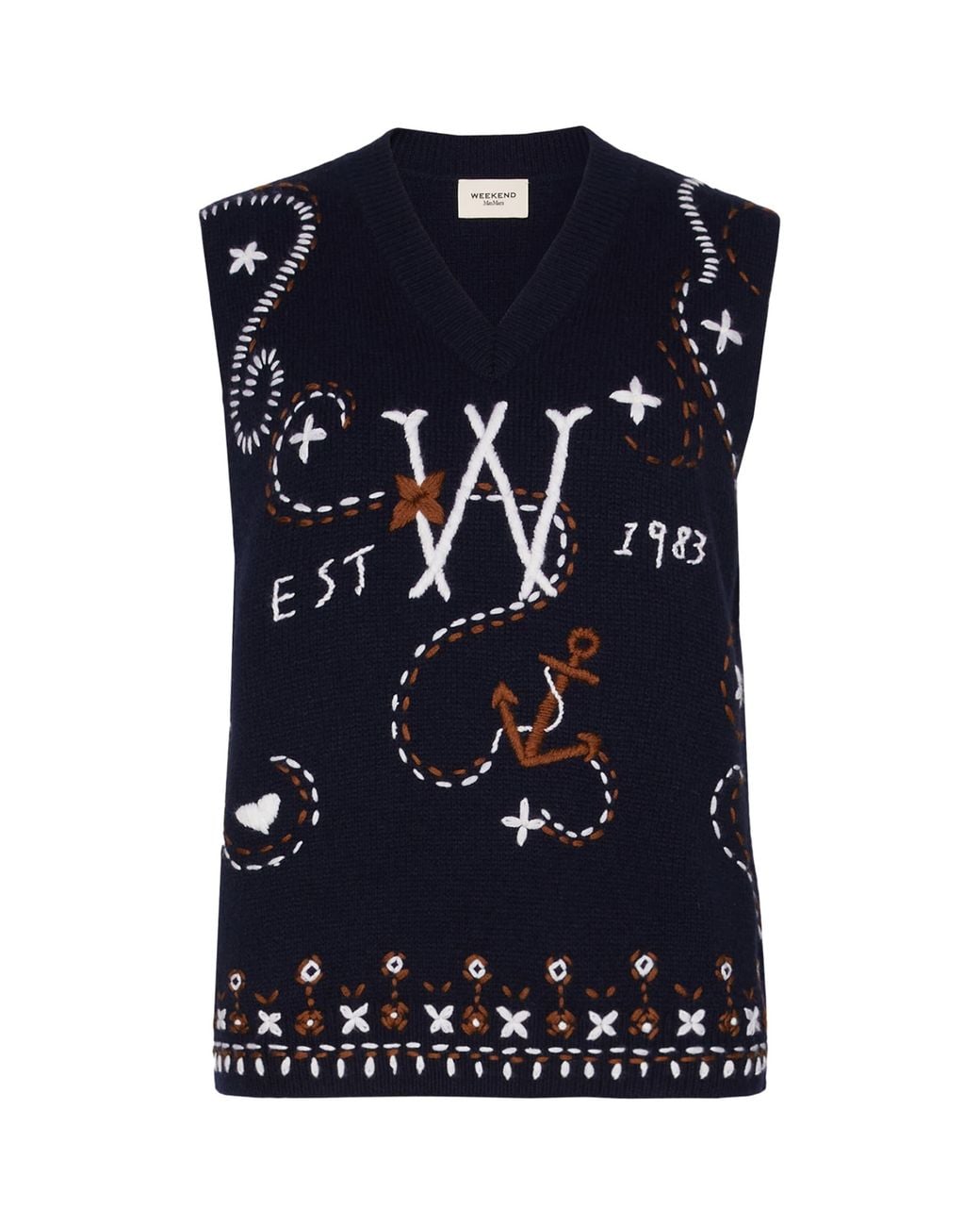 Weekend by Maxmara Black Virgin Wool Embroidered Sweater Vest