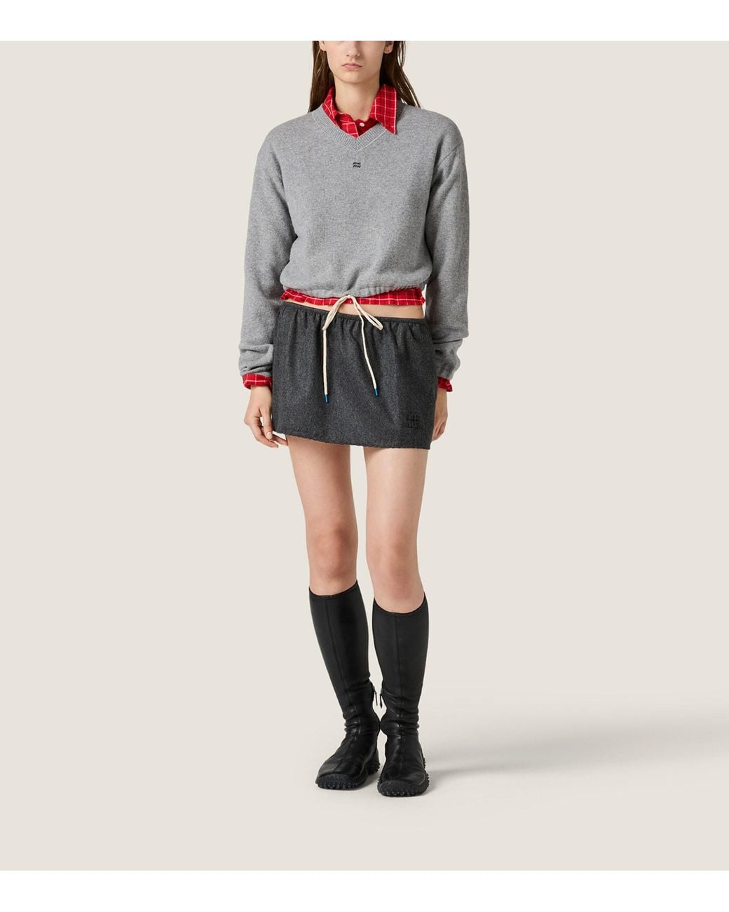 Miu Miu Gray Wool-Cashmere Cropped V-Neck Sweater