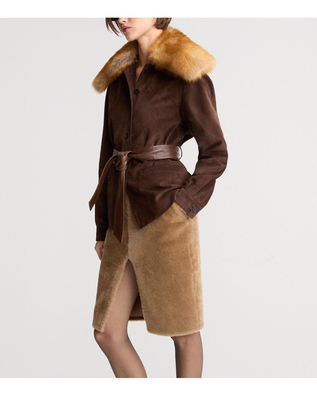 Saint Laurent Brown Shearling-Collar Suede Jacket
