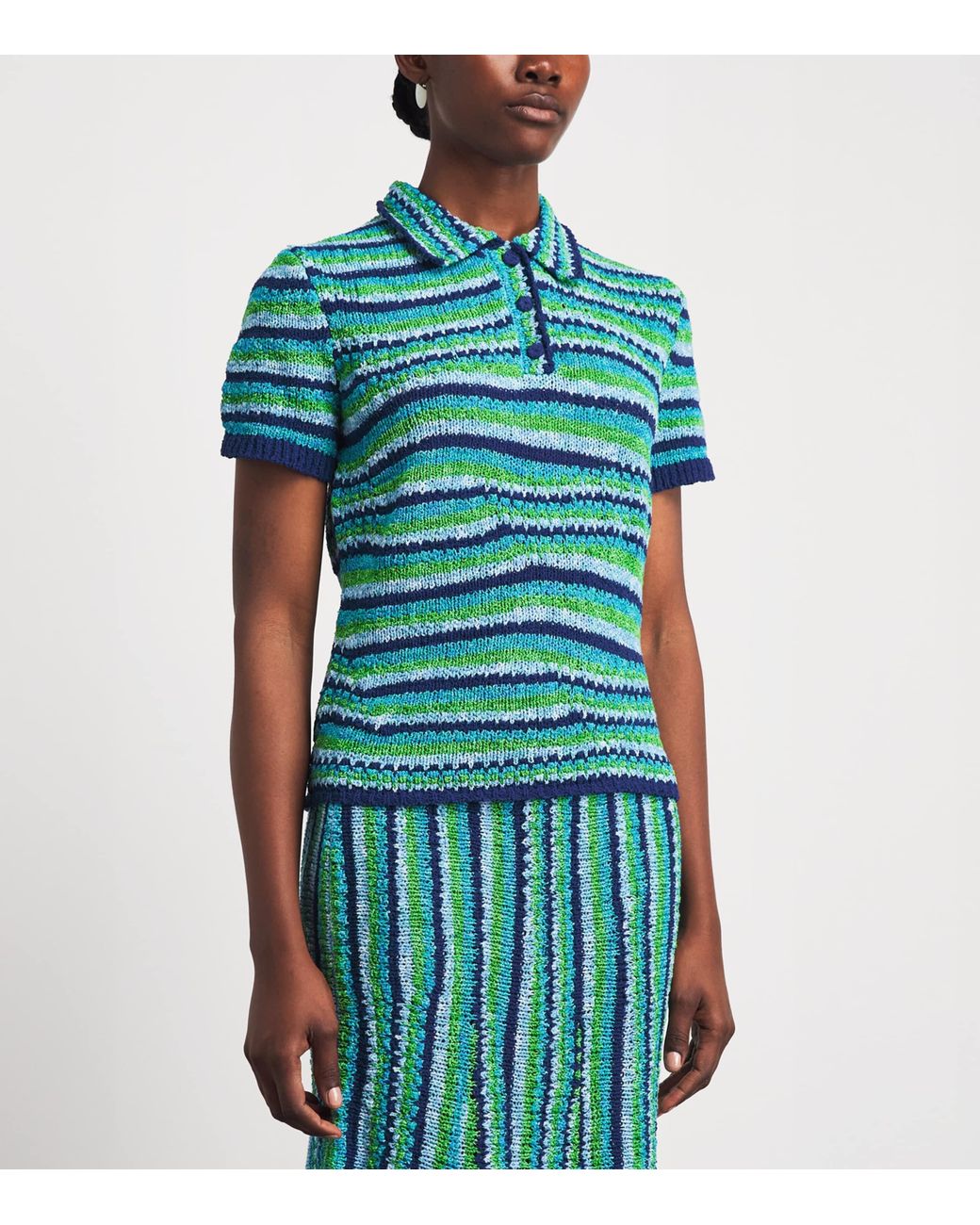 Tory Burch Blue Knitted Stripe Polo Shirt